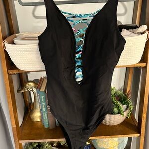 Lilly Lattice Black Swimsuit with Colorful Straps